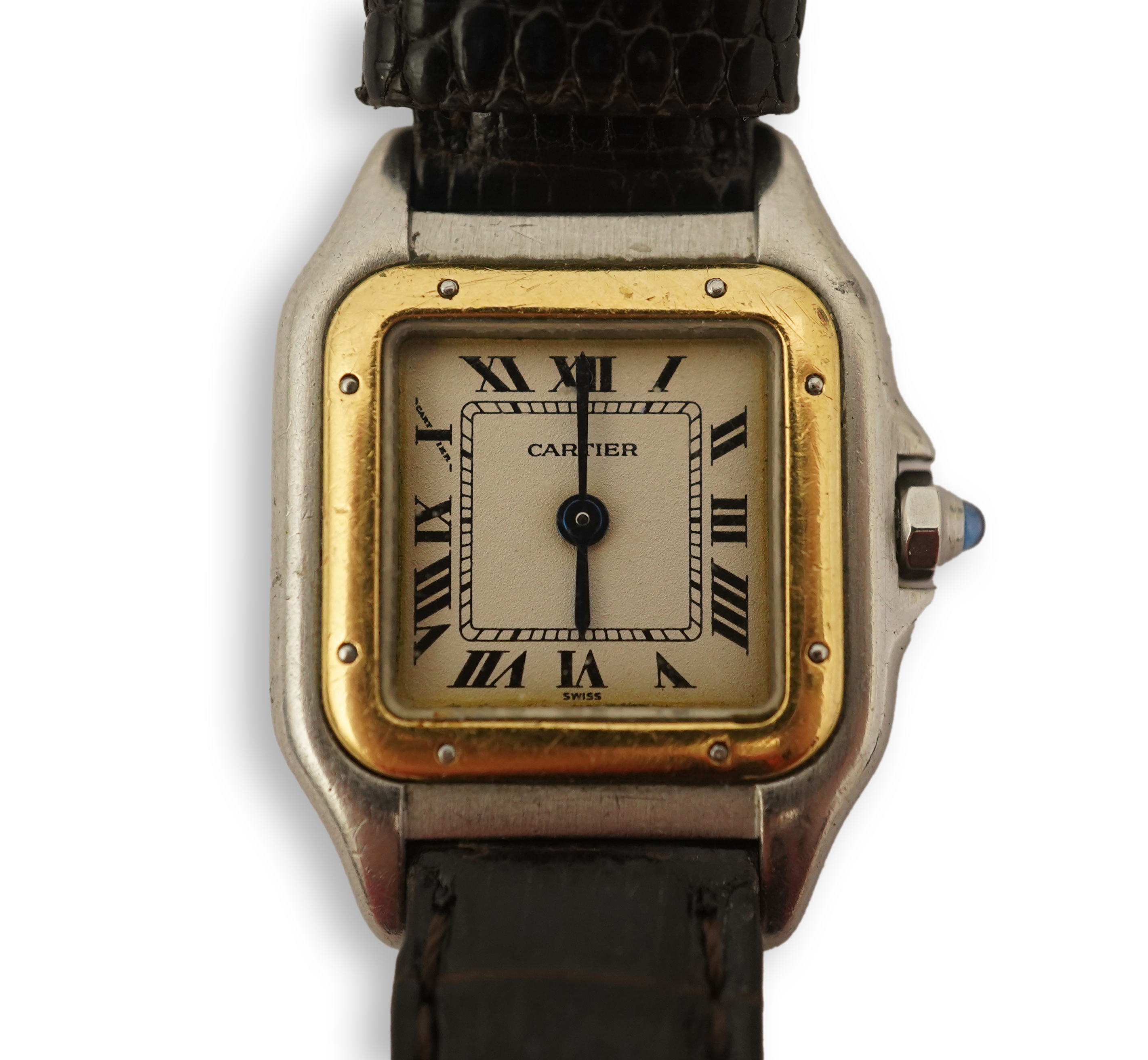 A lady's steel and gold Cartier Panthere quartz wrist watch, now on an associated leather strap, but with original Cartier steel and gold bracelet (lacking end bars)